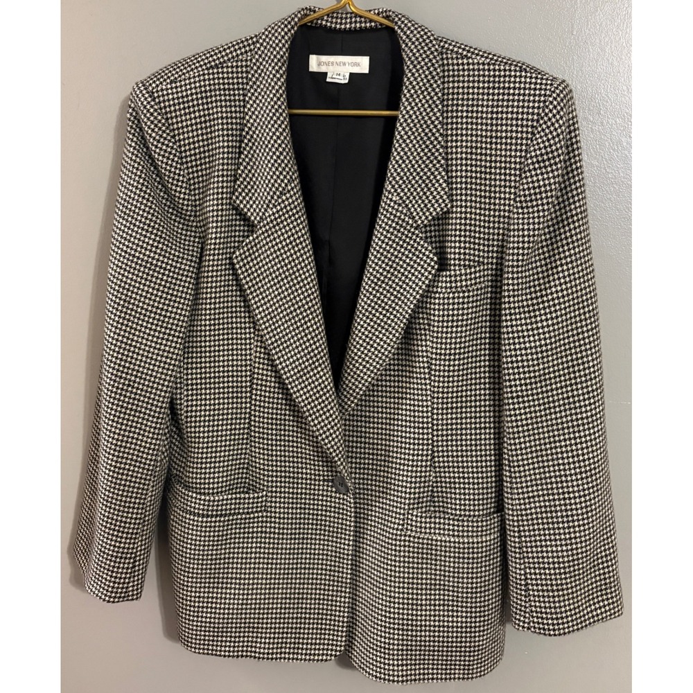 Jones New York Vintage 100% Wool Houndstooth Blazer Black White Size 14 USA Made